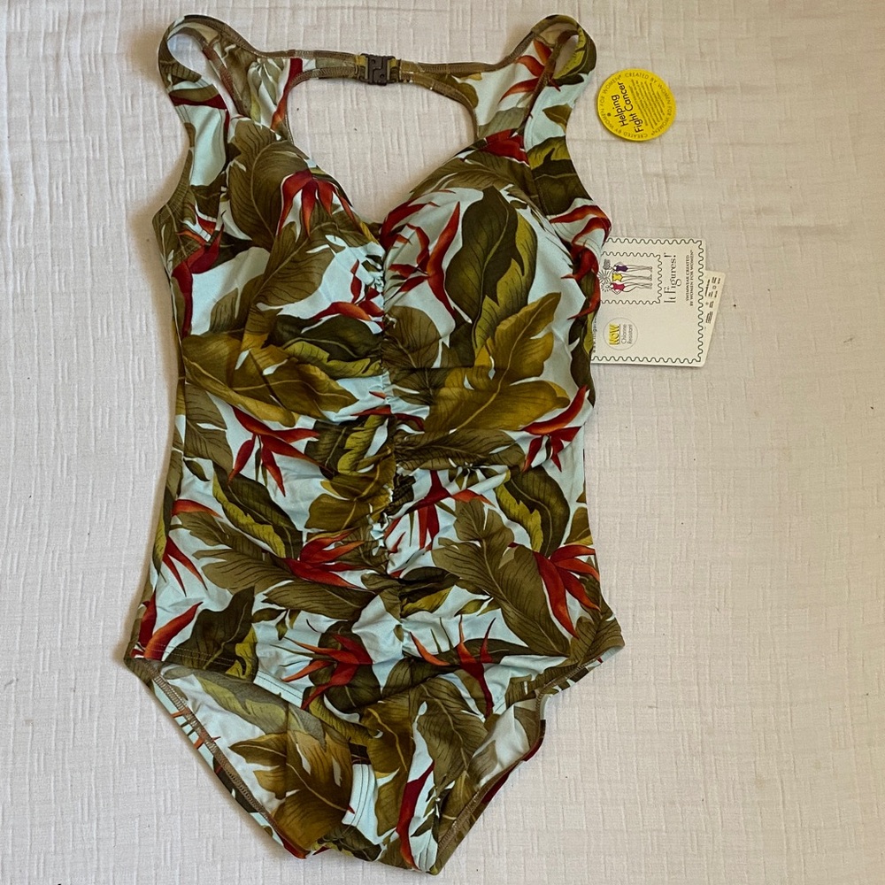 QVC Green & Red Tropical Leaf Girls One-Piece Swimsuit